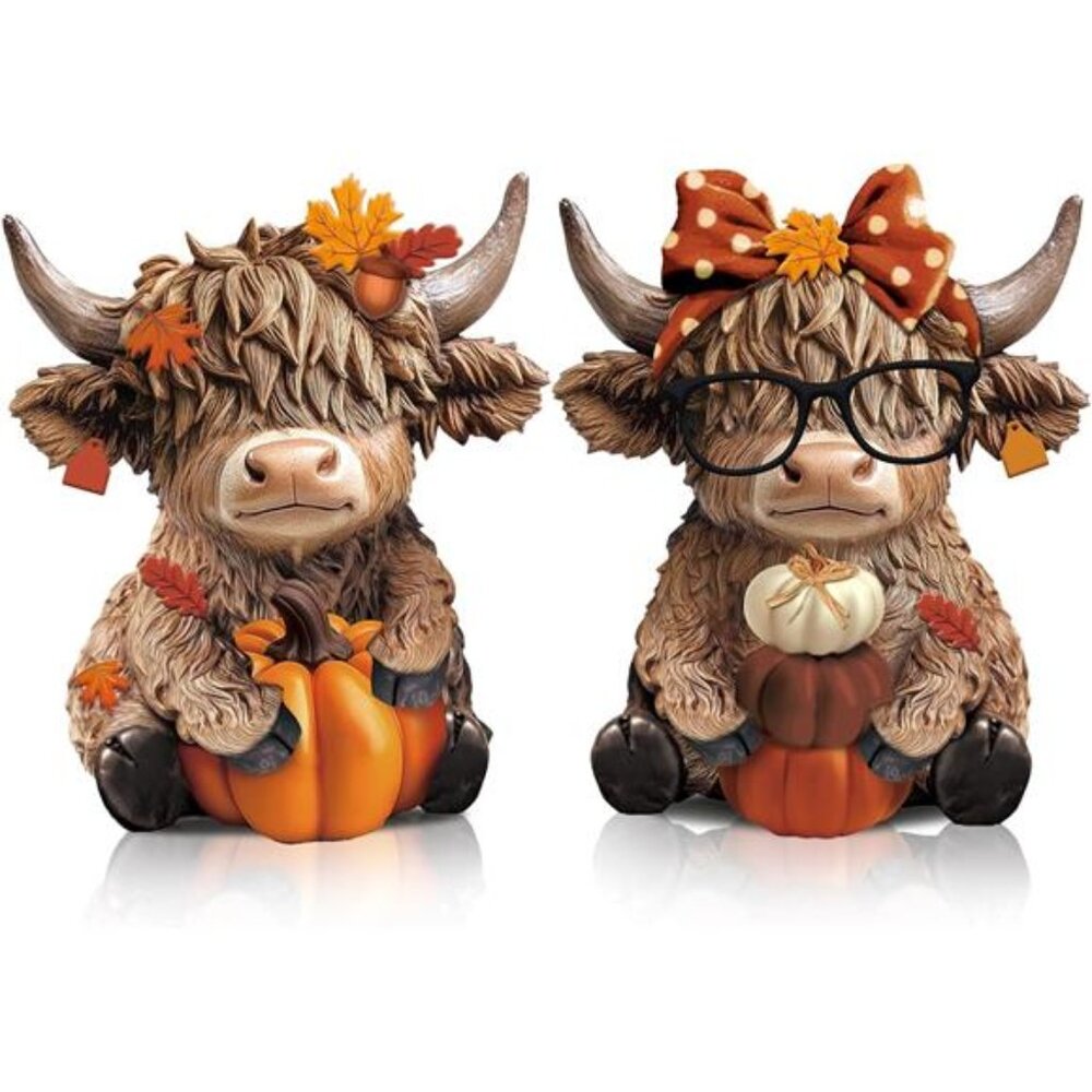 Karenhi 2 Pcs Highland Cow Figurines Autumn Pumpkin Maple Highland Cow Gnomes‎
